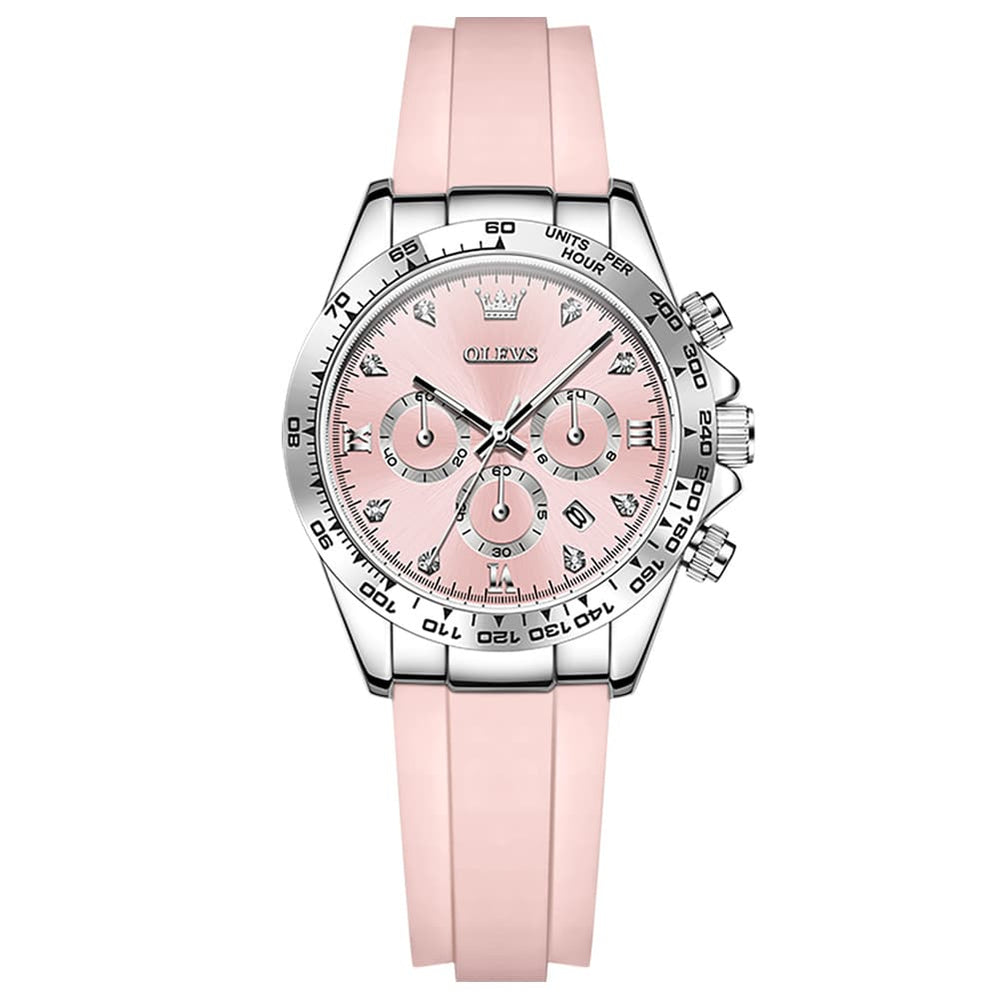 OLEVS Women Chronograph Watch Silicone Sport Strap Date Quartz 5618 - Silver Pink Dial Watch | Olevs Watch Store