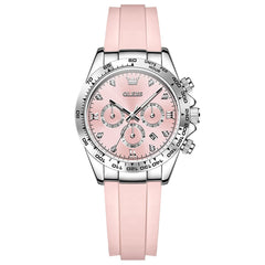 OLEVS Women Chronograph Watch Silicone Sport Strap Date Quartz 5618 - Silver Pink Dial Watch | Olevs Watch Store