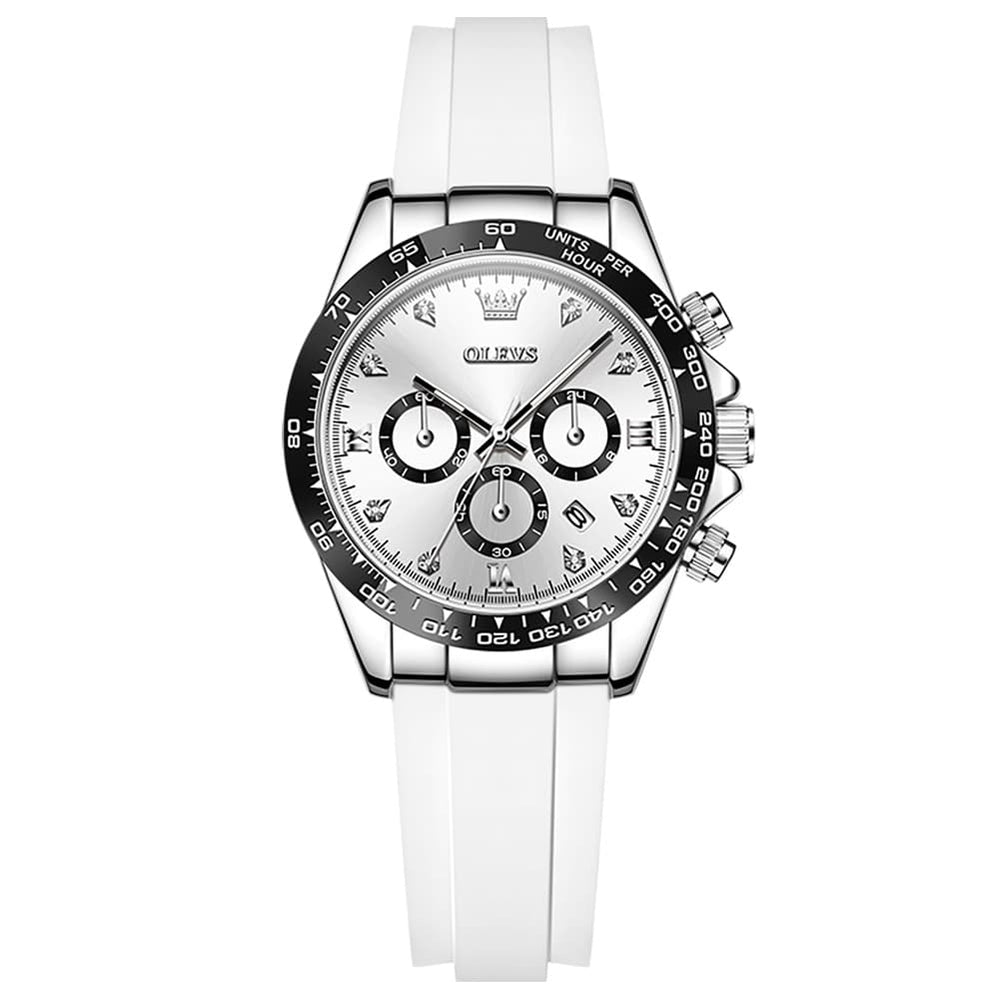 OLEVS Women Chronograph Watch Silicone Sport Strap Date Quartz 5618 - Silver White Dial Watch | Olevs Watch Store