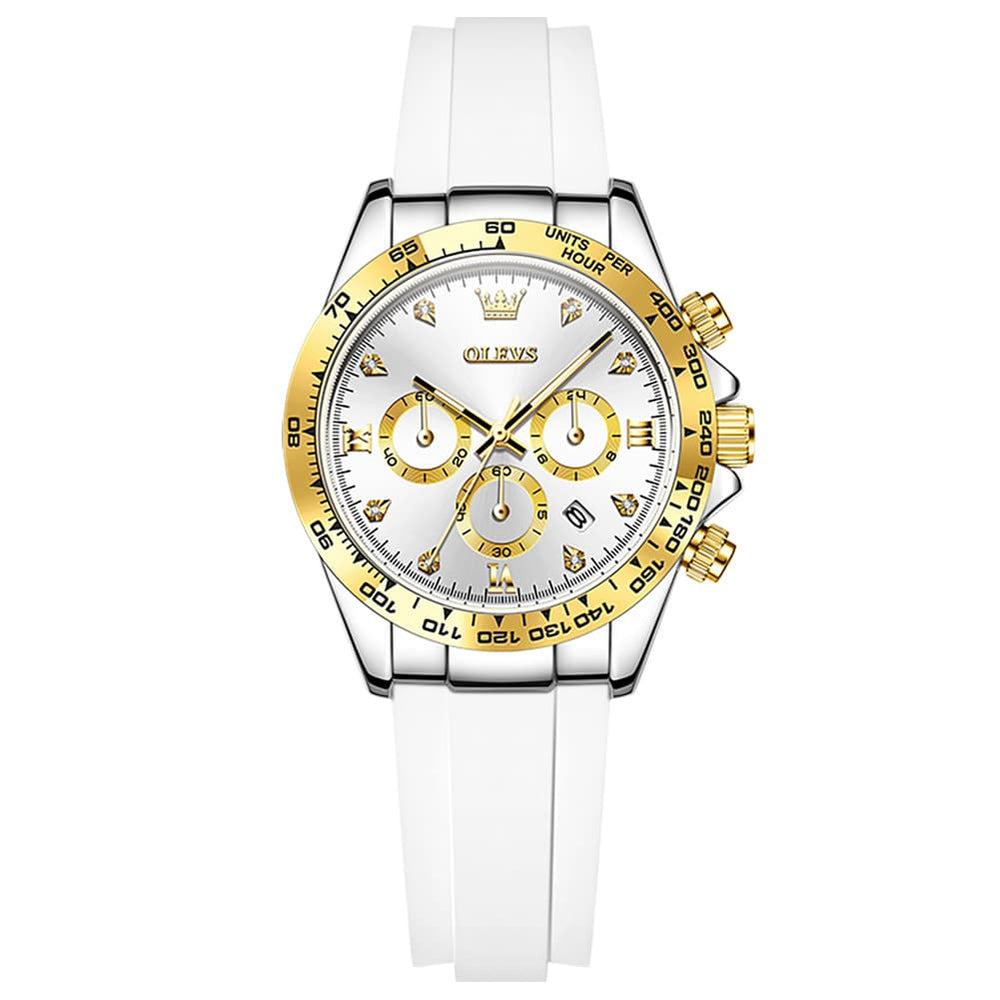 OLEVS Women Chronograph Watch Silicone Sport Strap Date Quartz 5618 - Two Tone White Dial Watch | Olevs Watch Store