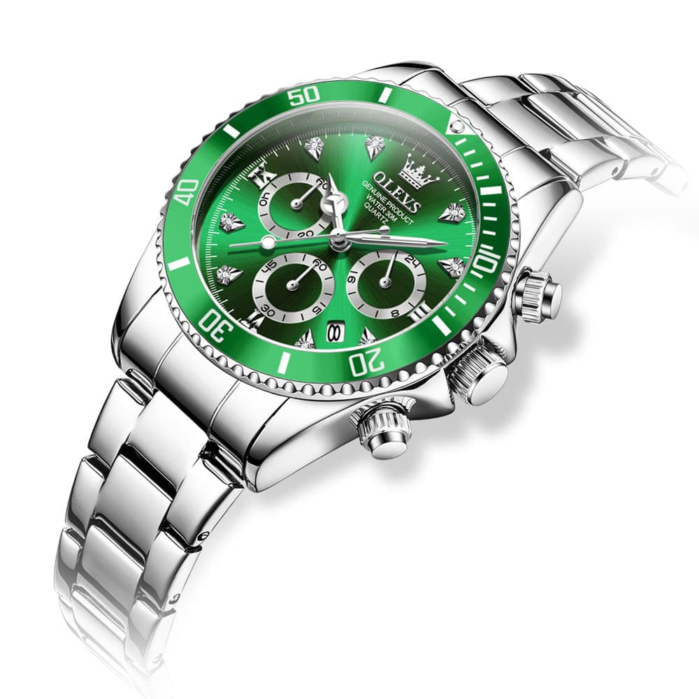 OLEVS Women Chronograph Watch Stainless Steel Sport Date Quartz 5632 - Silver Green Dial Watch | Olevs Watch Store
