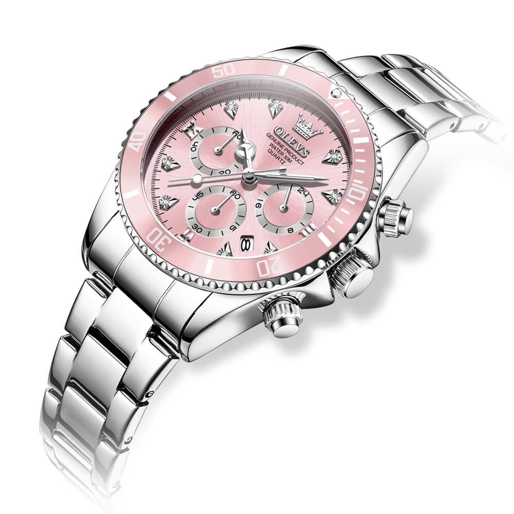 OLEVS Women Chronograph Watch Stainless Steel Sport Date Quartz 5632 - Silver Pink Dial Watch | Olevs Watch Store