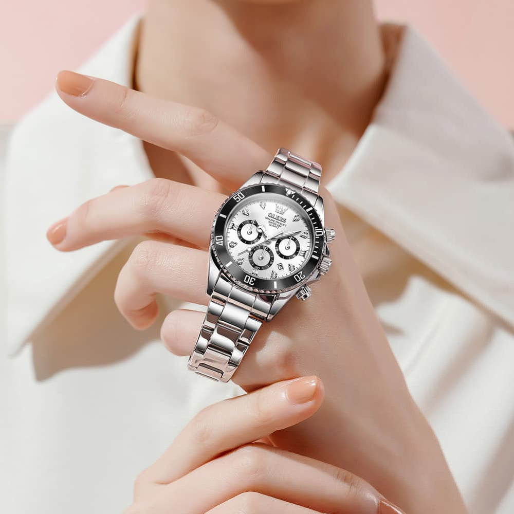 OLEVS Women Chronograph Watch Stainless Steel Sport Date Quartz 5632 - Silver White Black Bezel Watch | Olevs Watch Store