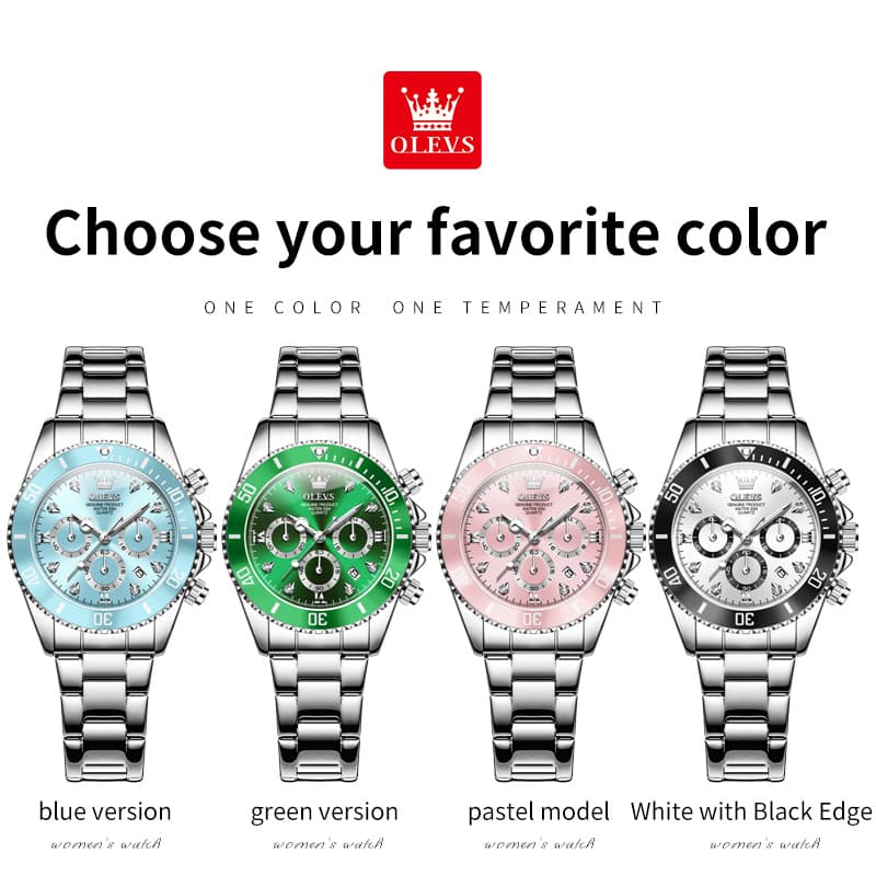 OLEVS Women Chronograph Watch Stainless Steel Sport Date Quartz 5632 - Silver White Black Bezel Watch | Olevs Watch Store