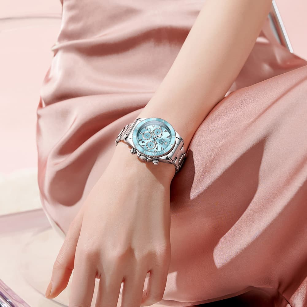 OLEVS Women Chronograph Watch Stainless Steel Sport Date Quartz 5632 - Silver White Black Bezel Watch | Olevs Watch Store