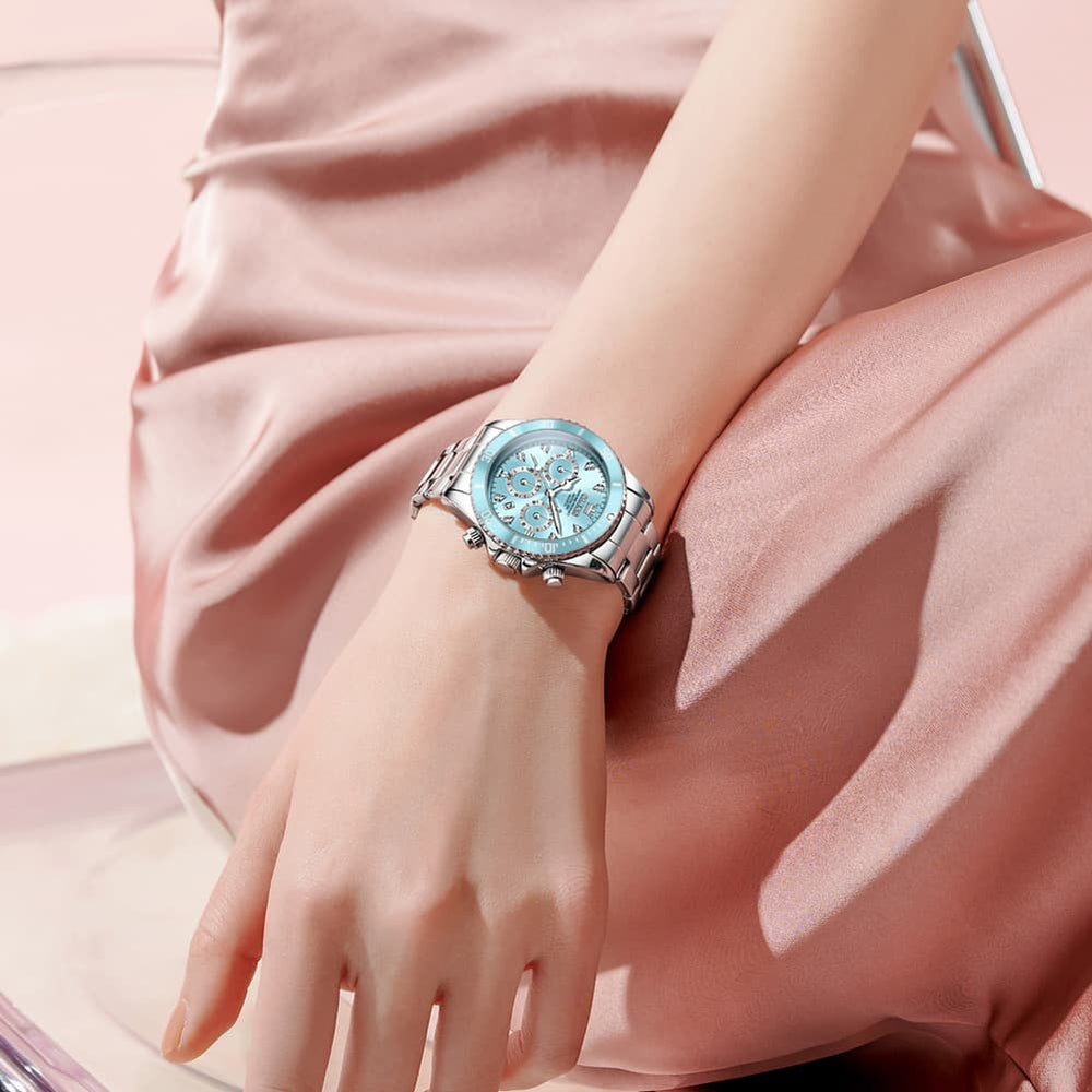 OLEVS Women Chronograph Watch Stainless Steel Sport Date Quartz 5632 - Silver White Black Bezel Watch | Olevs Watch Store