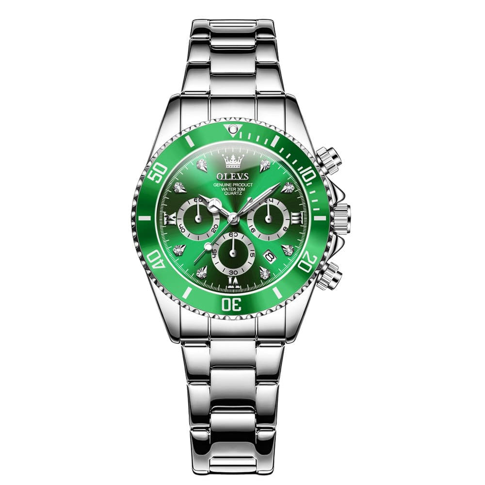 OLEVS Women Chronograph Watch Stainless Steel Sport Date Quartz 5632 - Silver White Black Bezel Watch | Olevs Watch Store