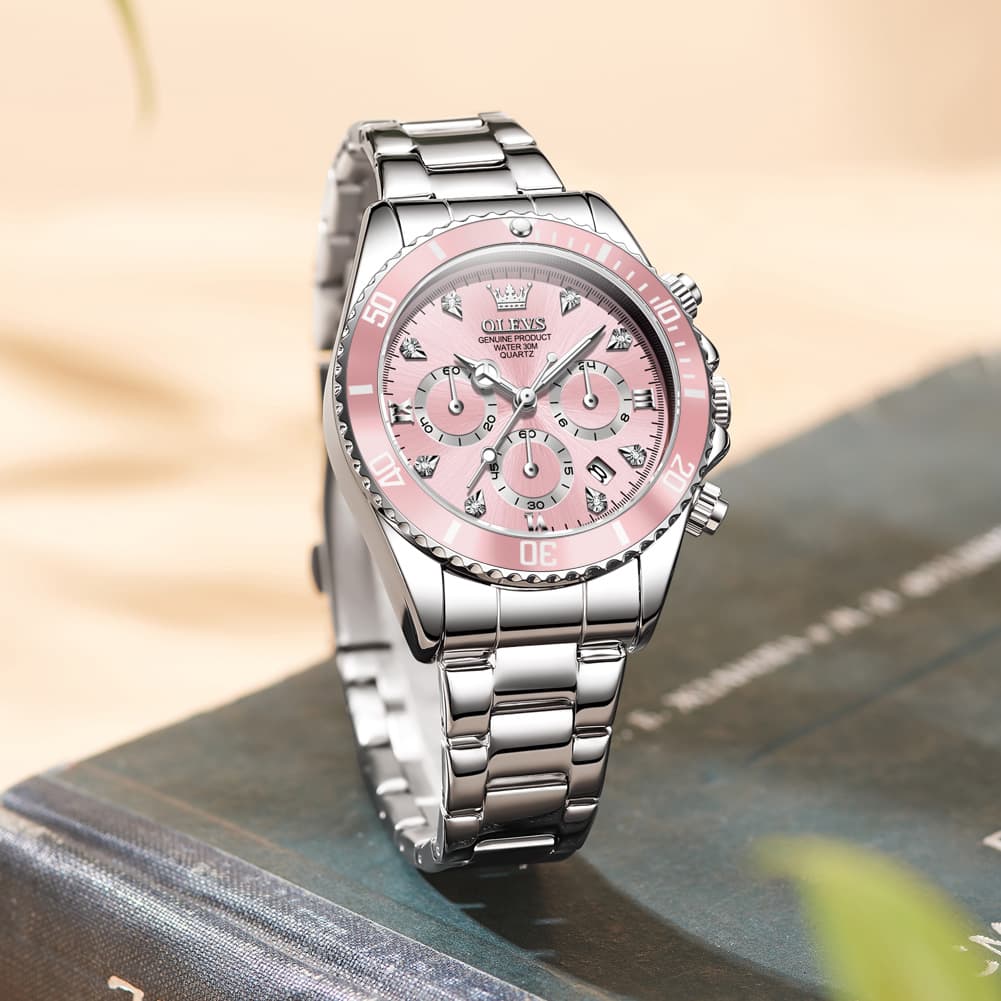 OLEVS Women Chronograph Watch Stainless Steel Sport Date Quartz 5632 - Silver White Black Bezel Watch | Olevs Watch Store