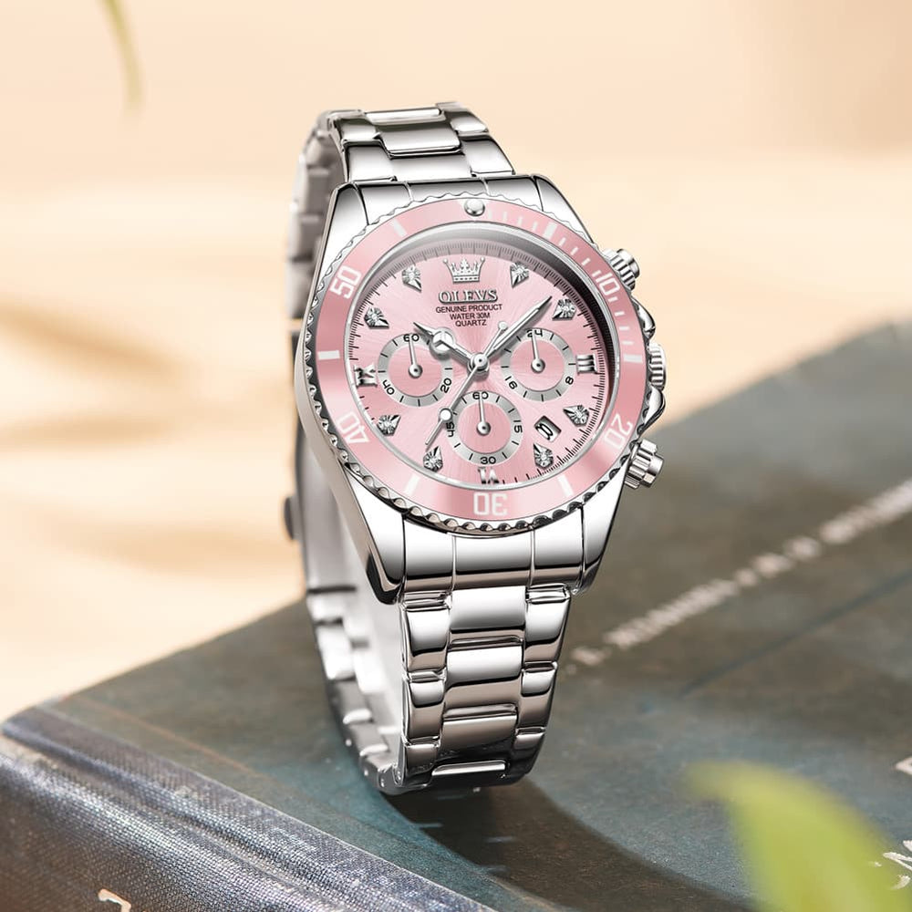 OLEVS Women Chronograph Watch Stainless Steel Sport Date Quartz 5632 - Silver White Black Bezel Watch | Olevs Watch Store