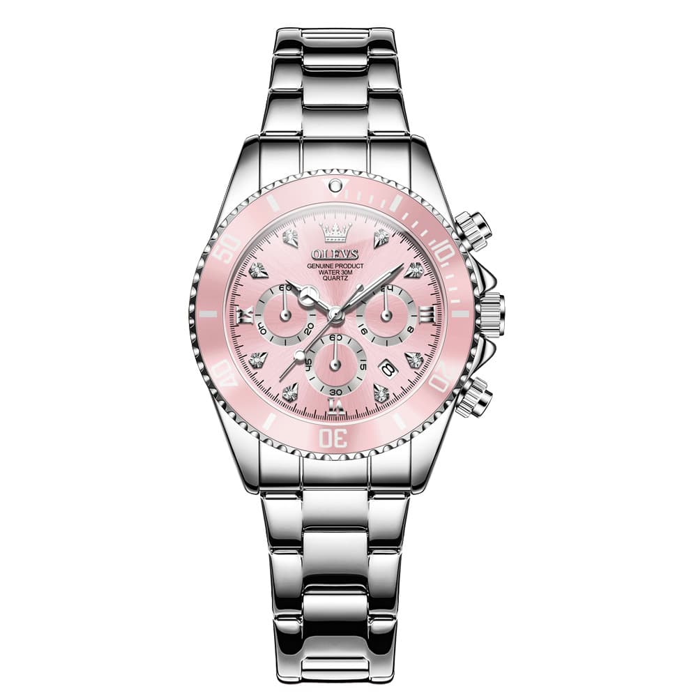 OLEVS Women Chronograph Watch Stainless Steel Sport Date Quartz 5632 - Silver White Black Bezel Watch | Olevs Watch Store
