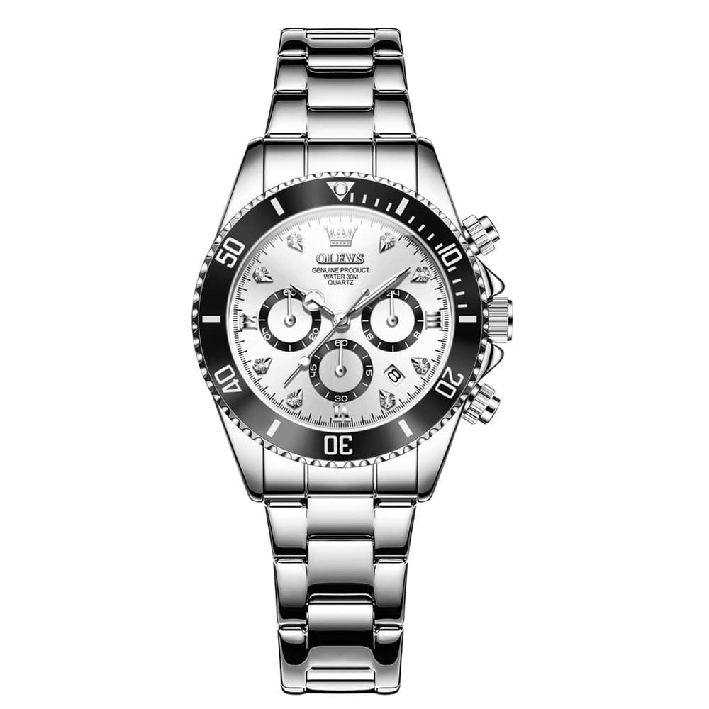 OLEVS Women Chronograph Watch Stainless Steel Sport Date Quartz 5632 - Silver White Black Bezel Watch | Olevs Watch Store