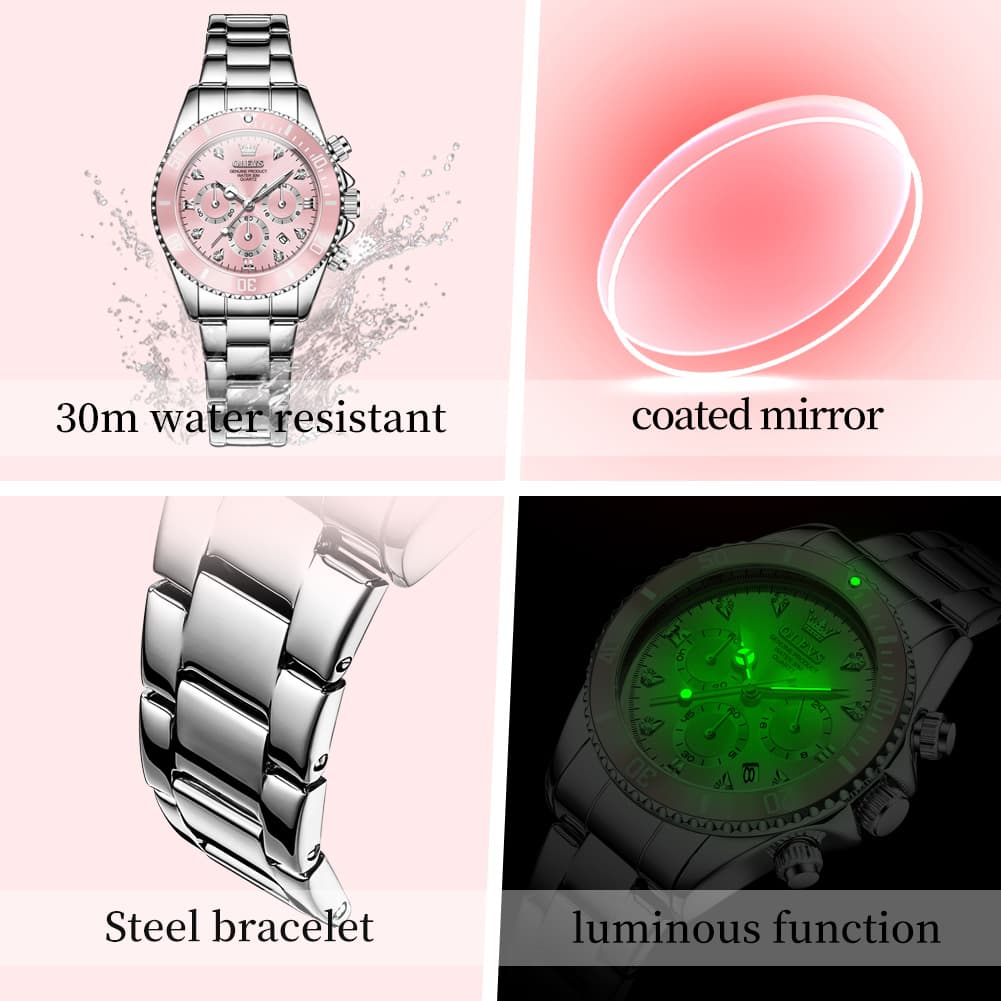 OLEVS Women Chronograph Watch Stainless Steel Sport Date Quartz 5632 - Silver White Black Bezel Watch | Olevs Watch Store