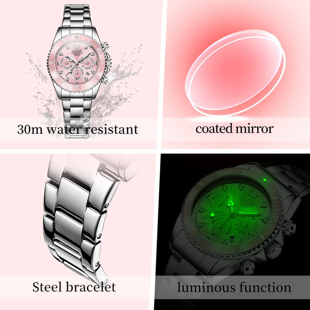 OLEVS Women Chronograph Watch Stainless Steel Sport Date Quartz 5632 - Silver White Black Bezel Watch | Olevs Watch Store