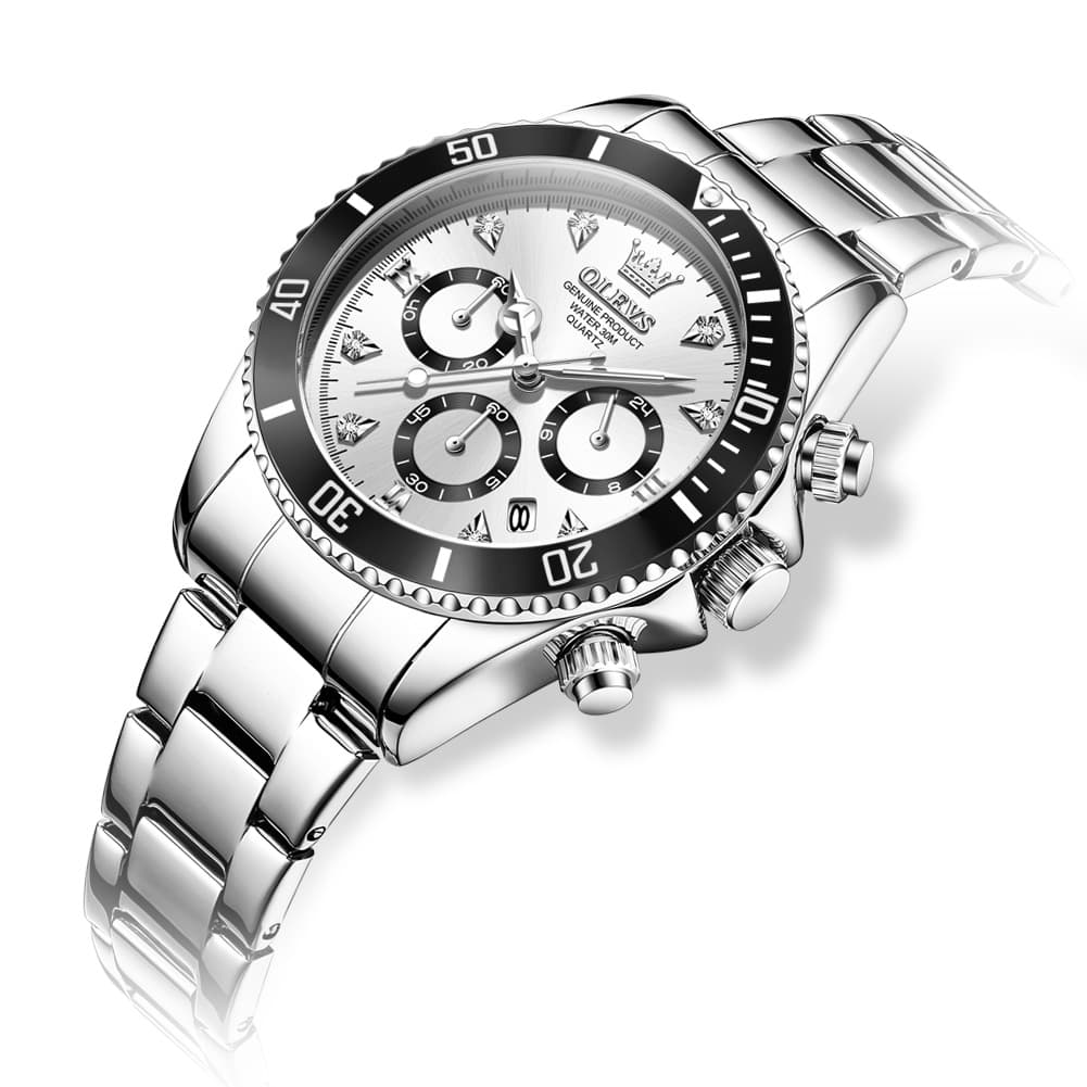 OLEVS Women Chronograph Watch Stainless Steel Sport Date Quartz 5632 - Silver White Black Bezel Watch | Olevs Watch Store