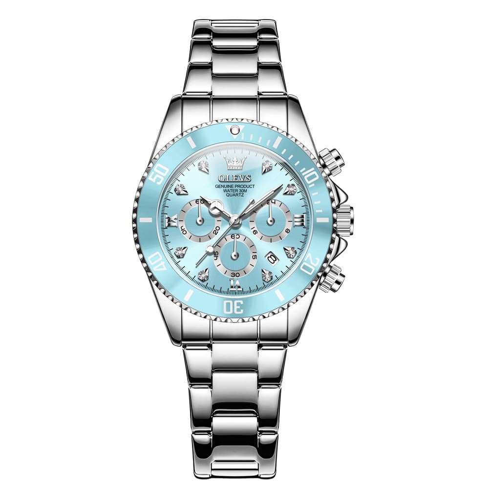 OLEVS Women Chronograph Watch Stainless Steel Sport Date Quartz 5632 - Silver White Black Bezel Watch | Olevs Watch Store