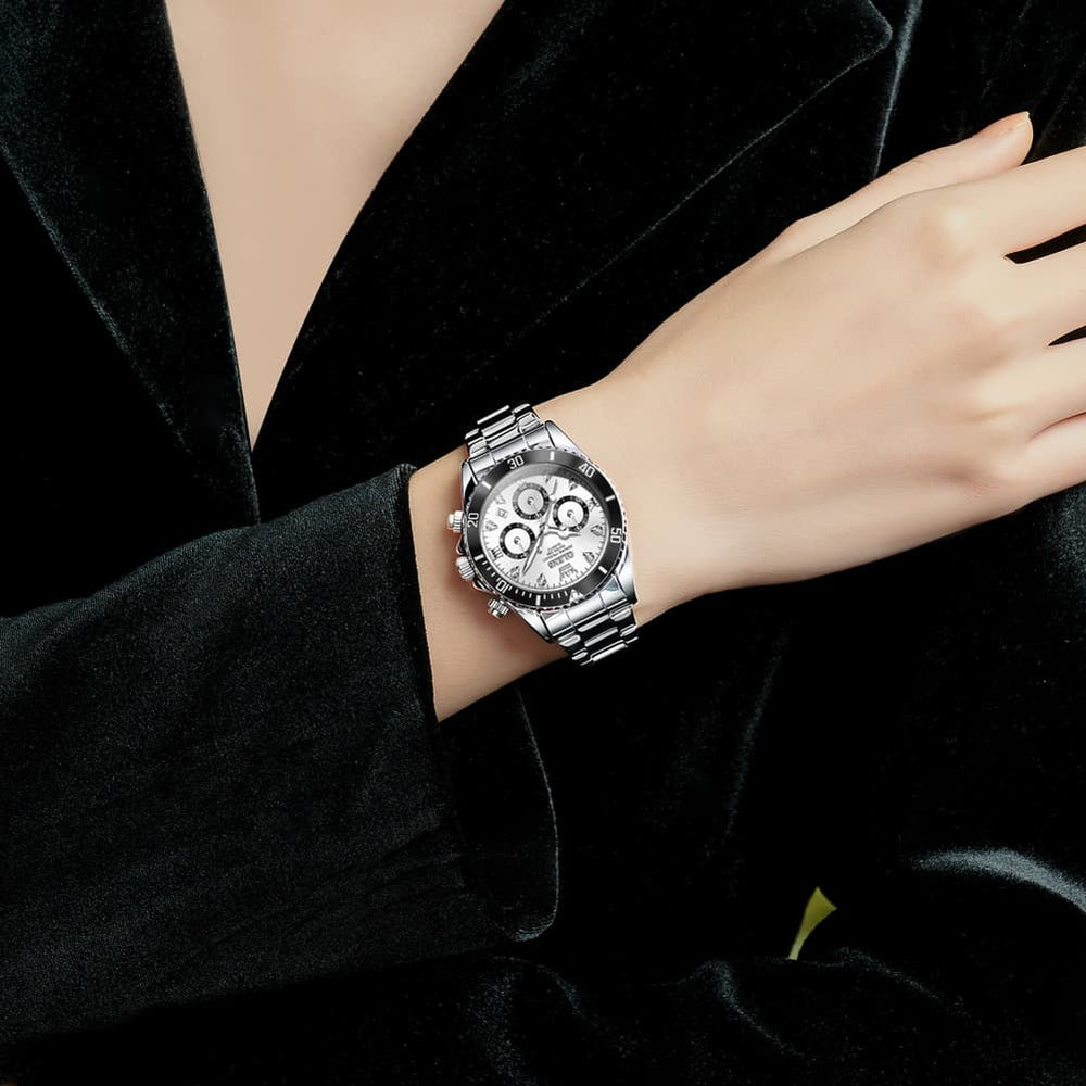OLEVS Women Chronograph Watch Stainless Steel Sport Date Quartz 5632 - Silver White Black Bezel Watch | Olevs Watch Store