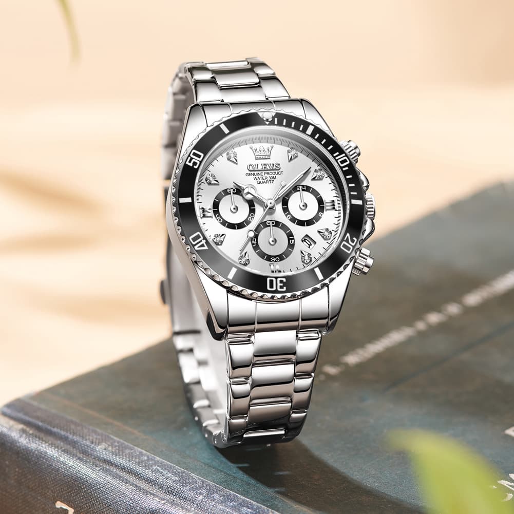 OLEVS Women Chronograph Watch Stainless Steel Sport Date Quartz 5632 - Silver White Black Bezel Watch | Olevs Watch Store