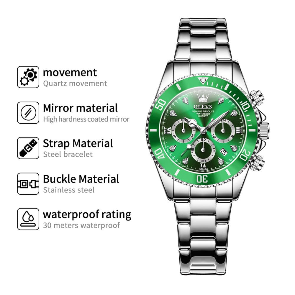 OLEVS Women Chronograph Watch Stainless Steel Sport Date Quartz 5632 - Silver White Black Bezel Watch | Olevs Watch Store