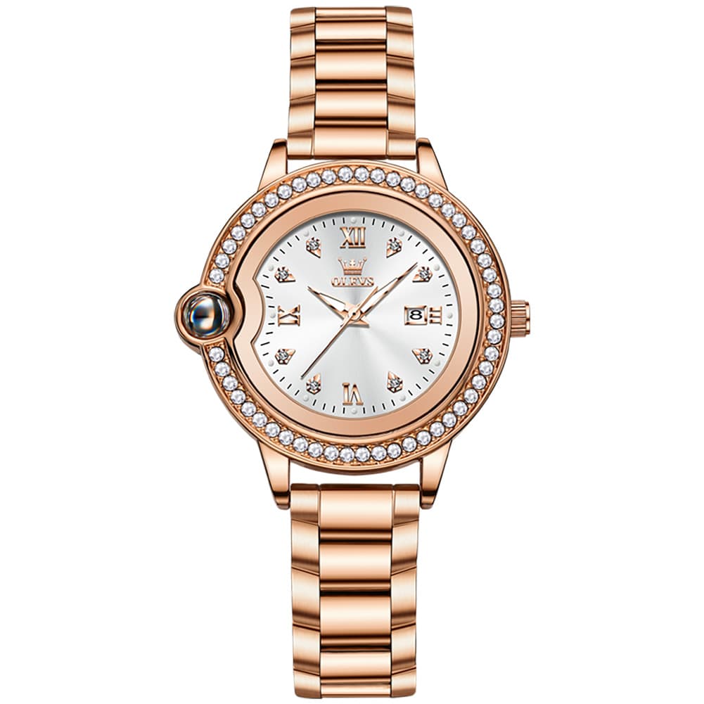 OLEVS Women Diamond Bezel Watch Cabochon Crown Rose Gold Quartz Date 5588 - Rose Gold White Dial Watch | Olevs Watch Store
