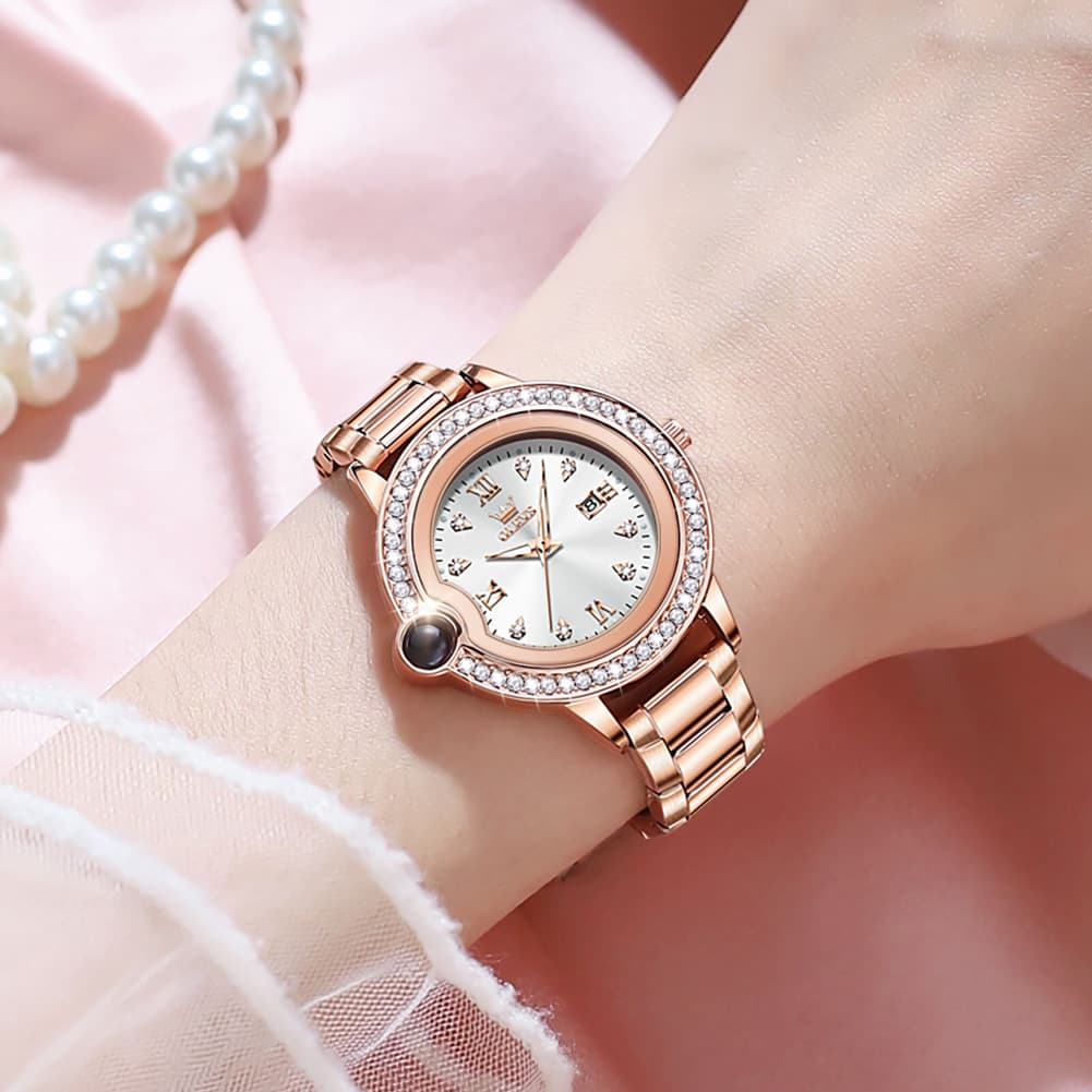 OLEVS Women Diamond Bezel Watch Cabochon Crown Rose Gold Quartz Date 5588 - Silver White Dial Watch | Olevs Watch Store