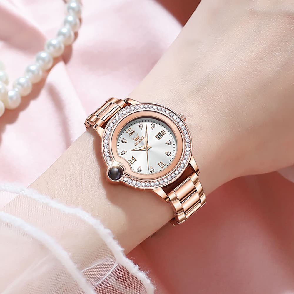 OLEVS Women Diamond Bezel Watch Cabochon Crown Rose Gold Quartz Date 5588 - Silver White Dial Watch | Olevs Watch Store