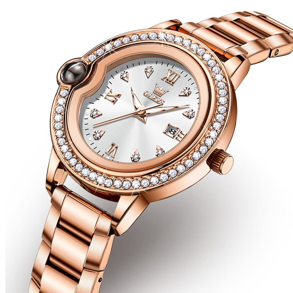 OLEVS Women Diamond Bezel Watch Cabochon Crown Rose Gold Quartz Date 5588 - Silver White Dial Watch | Olevs Watch Store