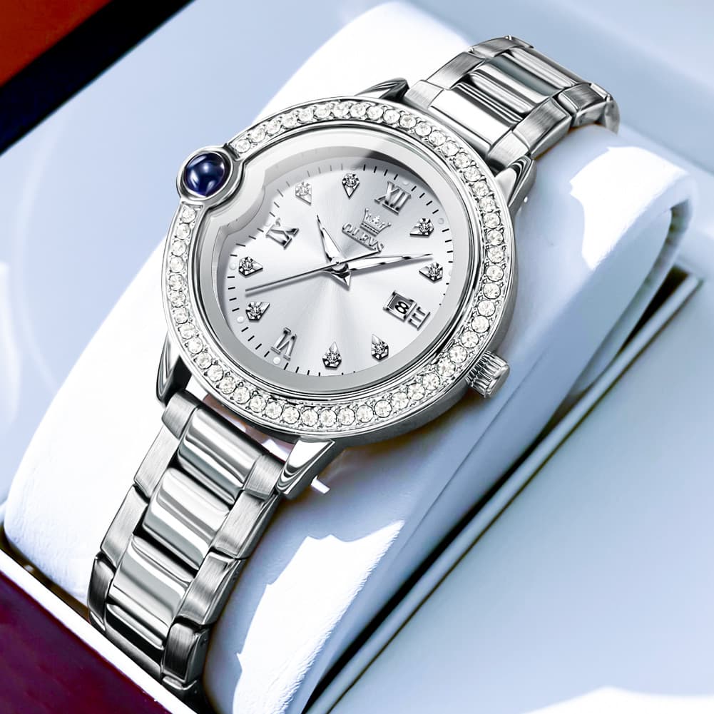 OLEVS Women Diamond Bezel Watch Cabochon Crown Rose Gold Quartz Date 5588 - Silver White Dial Watch | Olevs Watch Store
