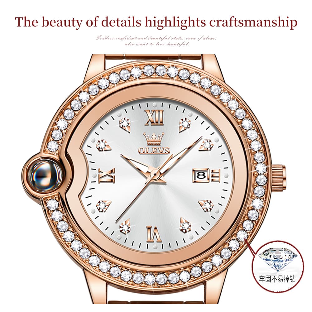 OLEVS Women Diamond Bezel Watch Cabochon Crown Rose Gold Quartz Date 5588 - Silver White Dial Watch | Olevs Watch Store