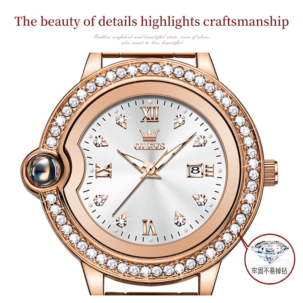 OLEVS Women Diamond Bezel Watch Cabochon Crown Rose Gold Quartz Date 5588 - Silver White Dial Watch | Olevs Watch Store