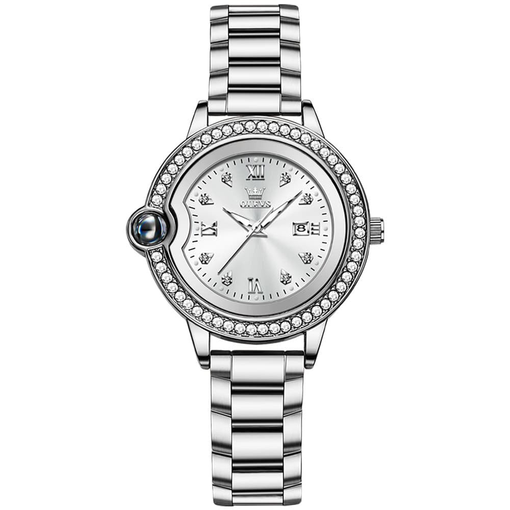 OLEVS Women Diamond Bezel Watch Cabochon Crown Rose Gold Quartz Date 5588 - Rose Gold White Dial Watch | Olevs Watch Store