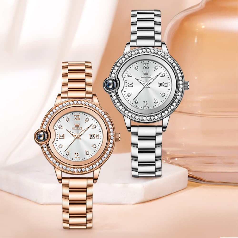 OLEVS Women Diamond Bezel Watch Cabochon Crown Rose Gold Quartz Date 5588 - Silver White Dial Watch | Olevs Watch Store
