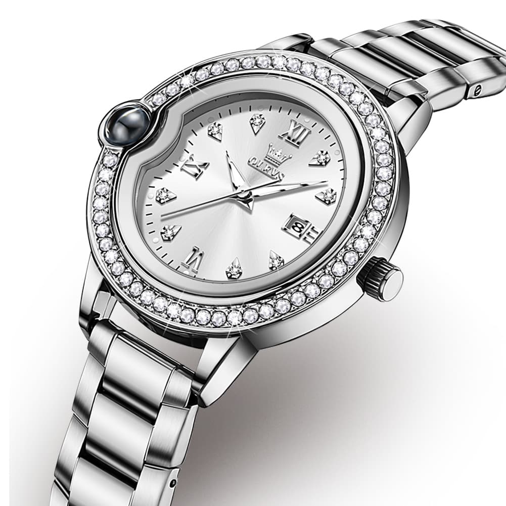 OLEVS Women Diamond Bezel Watch Cabochon Crown Rose Gold Quartz Date 5588 - Silver White Dial Watch | Olevs Watch Store