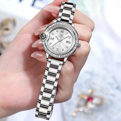 OLEVS Women Diamond Bezel Watch Cabochon Crown Rose Gold Quartz Date 5588 - Silver White Dial Watch | Olevs Watch Store