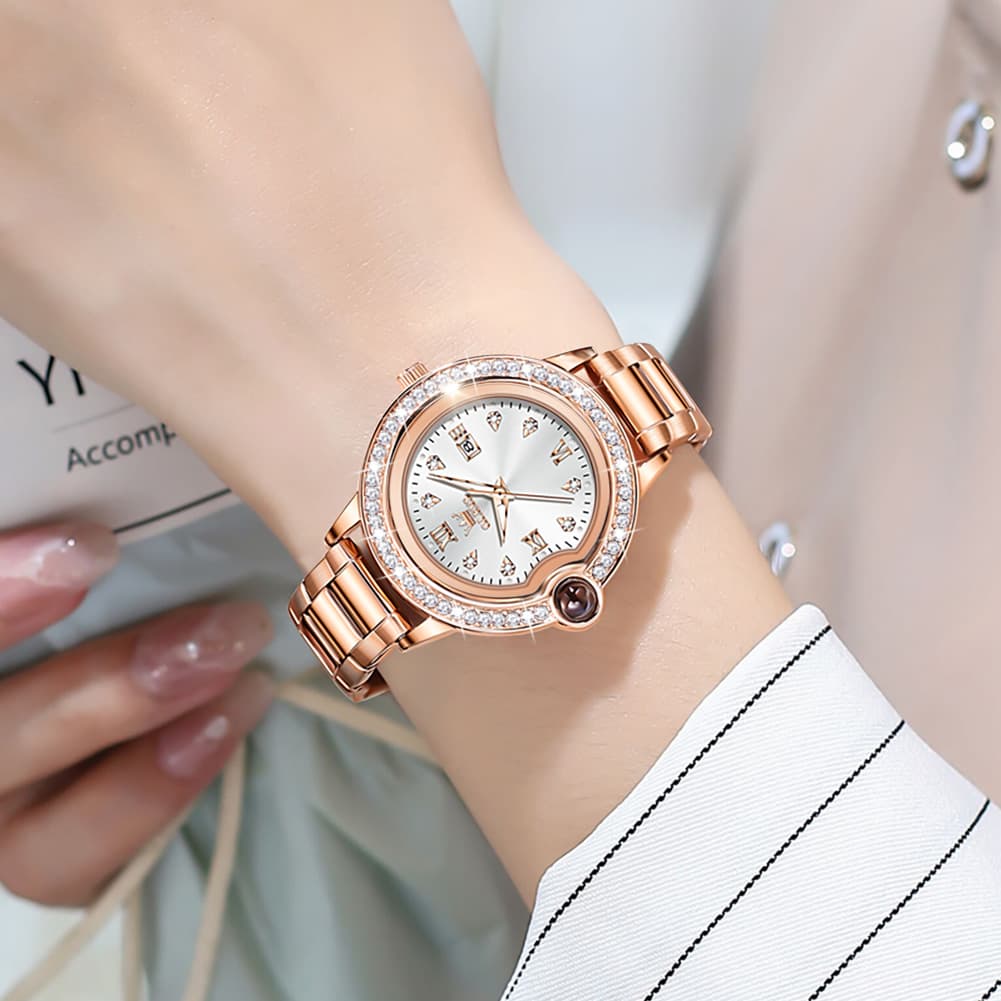 OLEVS Women Diamond Bezel Watch Cabochon Crown Rose Gold Quartz Date 5588 - Silver White Dial Watch | Olevs Watch Store