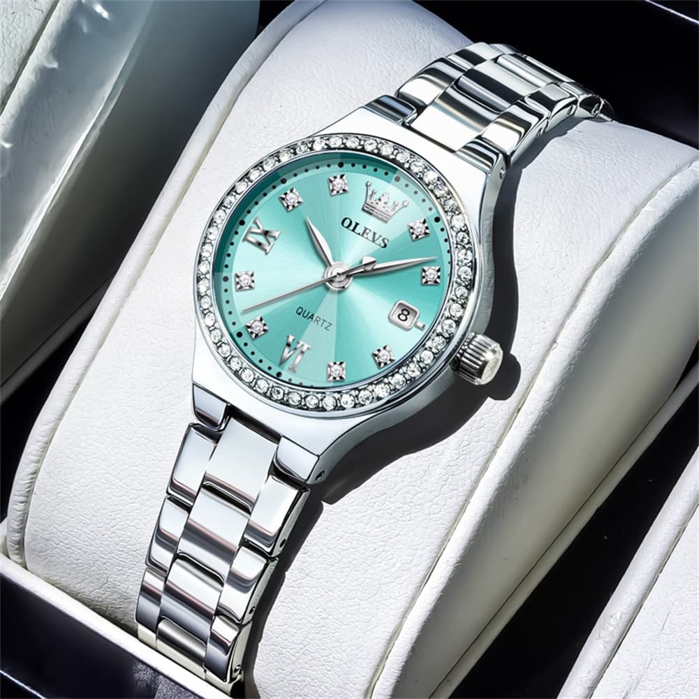 OLEVS Women Diamond Bezel Watch Petite Pastel Sunray Silver Stainless Steel Date Quartz 5628 - Olevs Watch Store