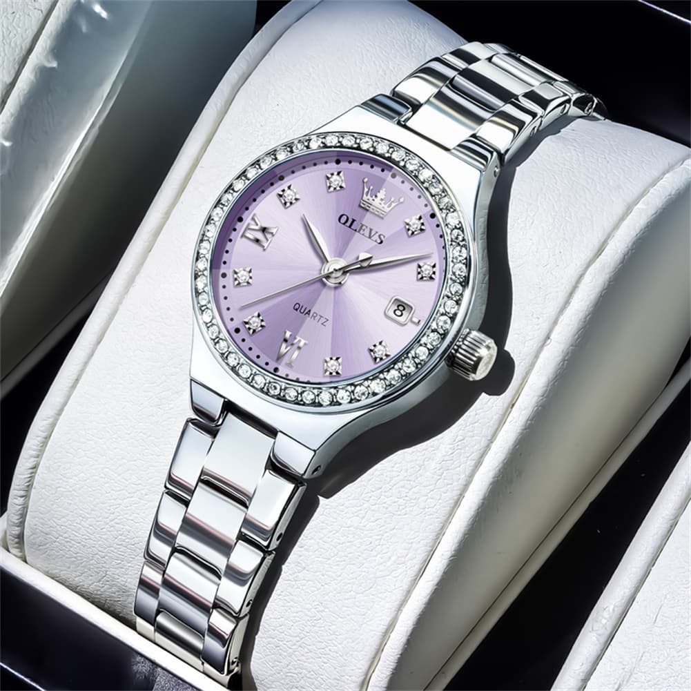 OLEVS Women Diamond Bezel Watch Petite Pastel Sunray Silver Stainless Steel Date Quartz 5628 - Olevs Watch Store
