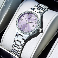 OLEVS Women Diamond Bezel Watch Petite Pastel Sunray Silver Stainless Steel Date Quartz 5628 - Olevs Watch Store