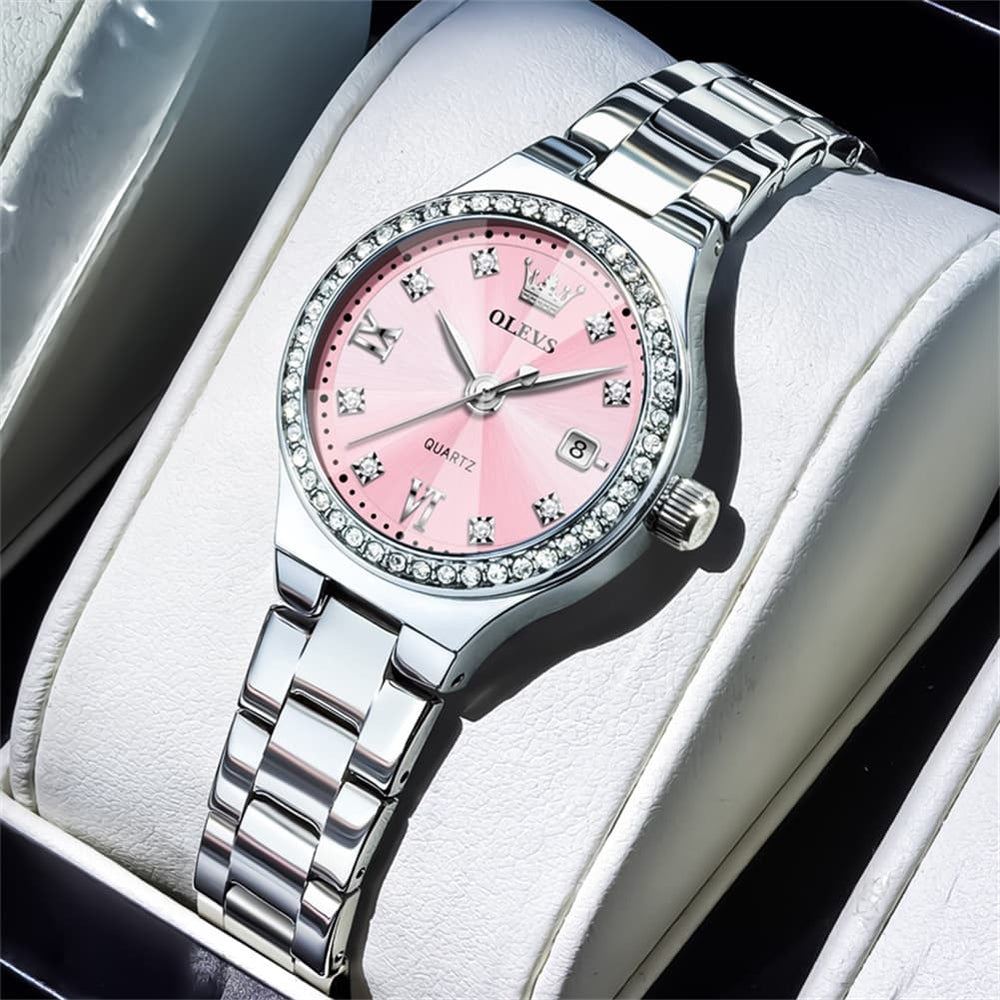 OLEVS Women Diamond Bezel Watch Petite Pastel Sunray Silver Stainless Steel Date Quartz 5628 - Olevs Watch Store