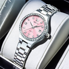 OLEVS Women Diamond Bezel Watch Petite Pastel Sunray Silver Stainless Steel Date Quartz 5628 - Olevs Watch Store