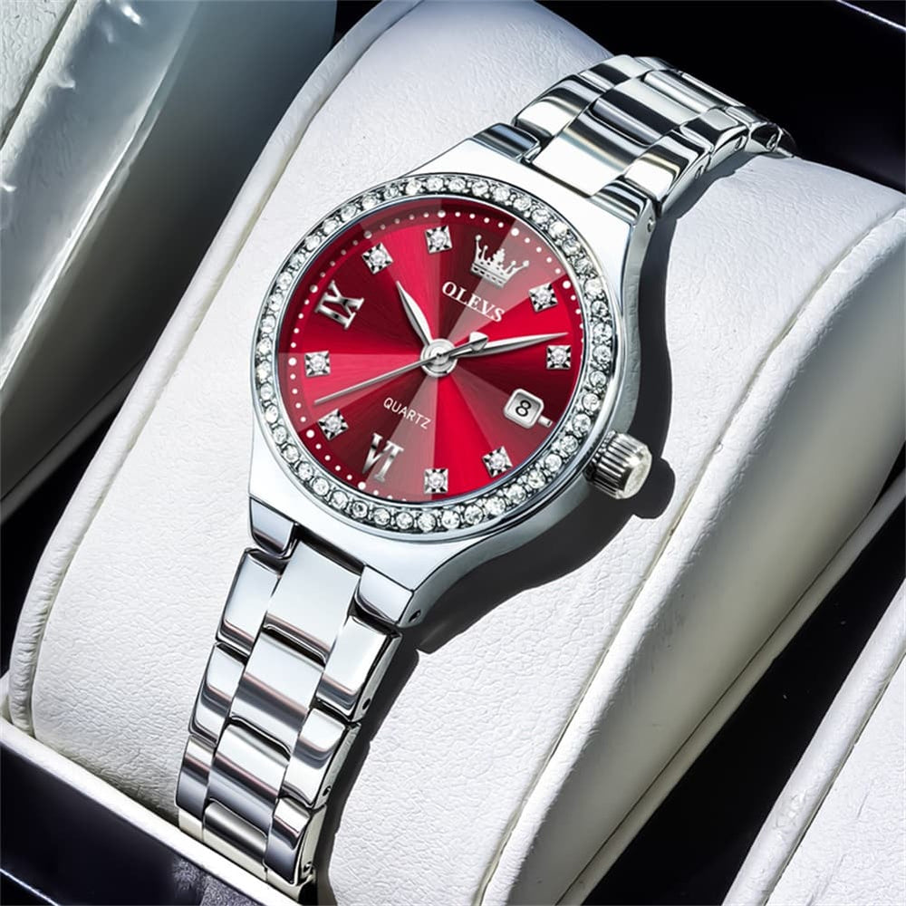 OLEVS Women Diamond Bezel Watch Petite Pastel Sunray Silver Stainless Steel Date Quartz 5628 - Olevs Watch Store