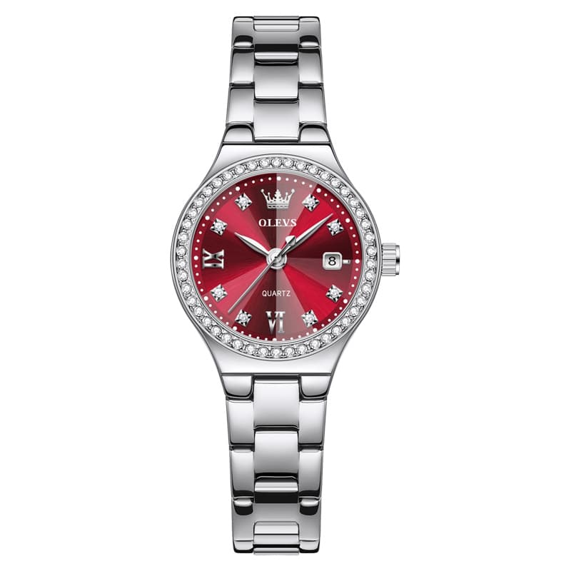OLEVS Women Diamond Bezel Watch Petite Pastel Sunray Silver Stainless Steel Date Quartz 5628 - Olevs Watch Store