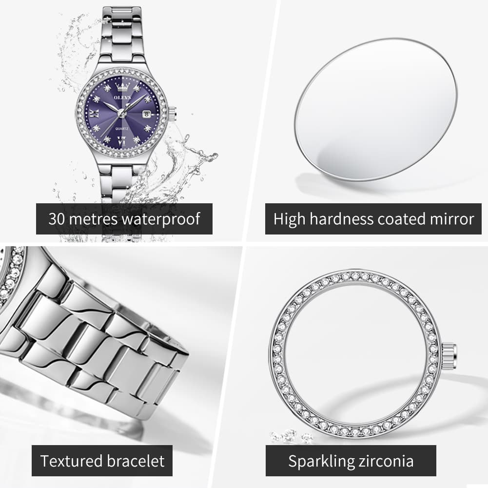 OLEVS Women Diamond Bezel Watch Petite Pastel Sunray Silver Stainless Steel Date Quartz 5628 - Olevs Watch Store