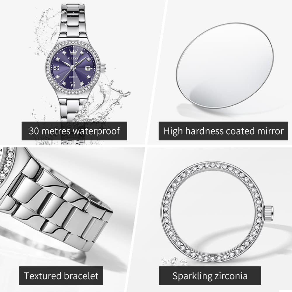 OLEVS Women Diamond Bezel Watch Petite Pastel Sunray Silver Stainless Steel Date Quartz 5628 - Olevs Watch Store
