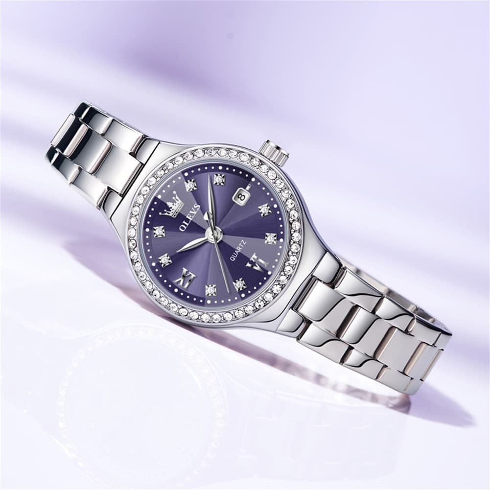 OLEVS Women Diamond Bezel Watch Petite Pastel Sunray Silver Stainless Steel Date Quartz 5628 - Olevs Watch Store