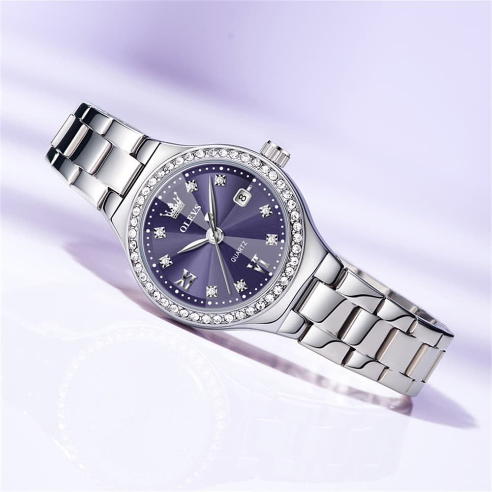 OLEVS Women Diamond Bezel Watch Petite Pastel Sunray Silver Stainless Steel Date Quartz 5628 - Olevs Watch Store