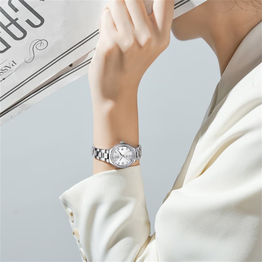 OLEVS Women Diamond Bezel Watch Petite Pastel Sunray Silver Stainless Steel Date Quartz 5628 - Olevs Watch Store