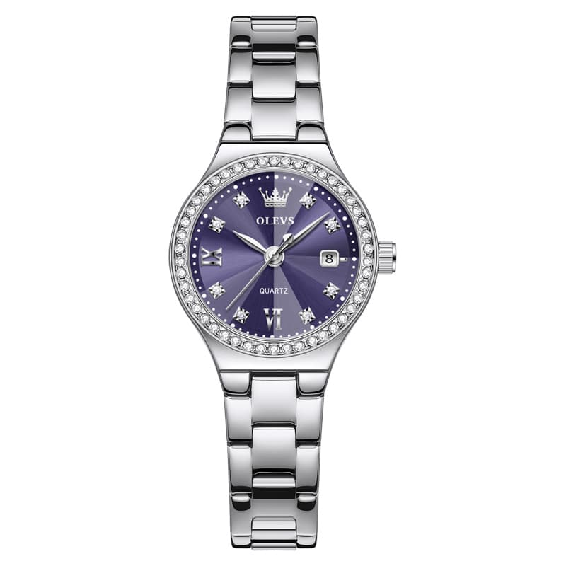 OLEVS Women Diamond Bezel Watch Petite Pastel Sunray Silver Stainless Steel Date Quartz 5628 - Olevs Watch Store