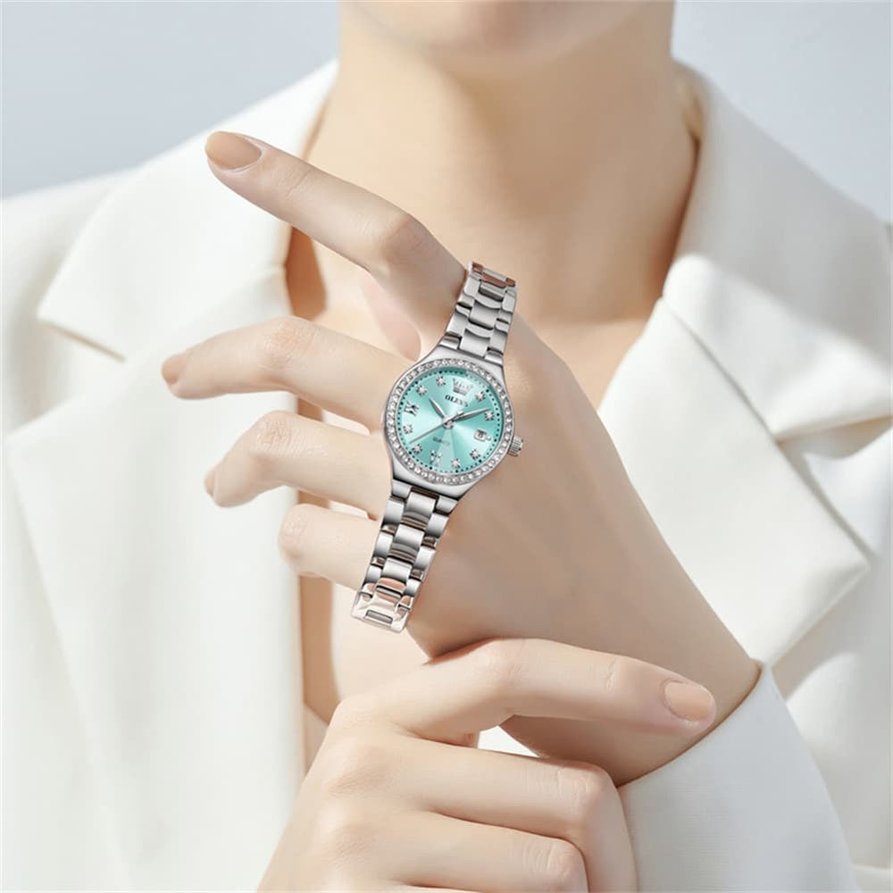 OLEVS Women Diamond Bezel Watch Petite Pastel Sunray Silver Stainless Steel Date Quartz 5628 - Olevs Watch Store