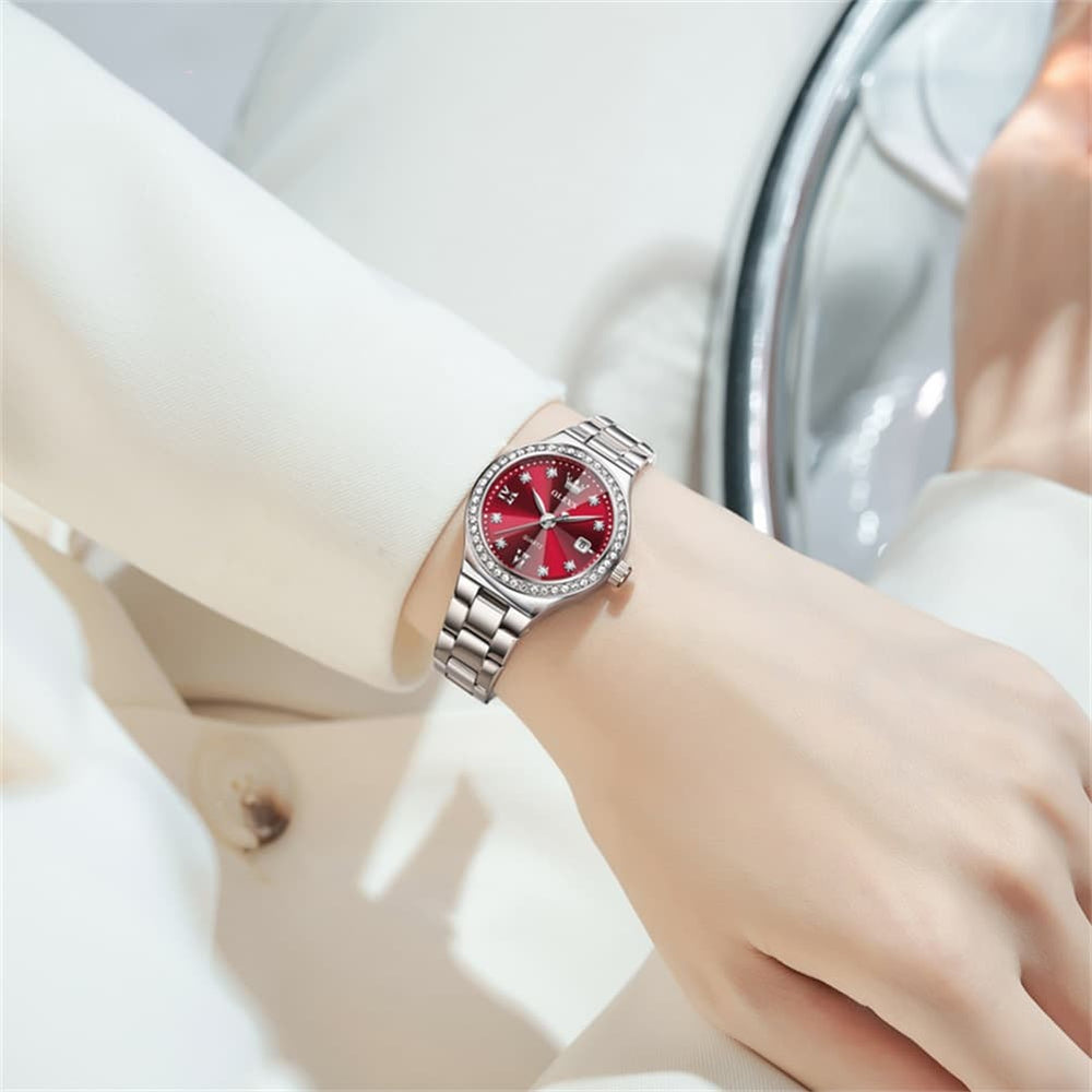 OLEVS Women Diamond Bezel Watch Petite Pastel Sunray Silver Stainless Steel Date Quartz 5628 - Olevs Watch Store