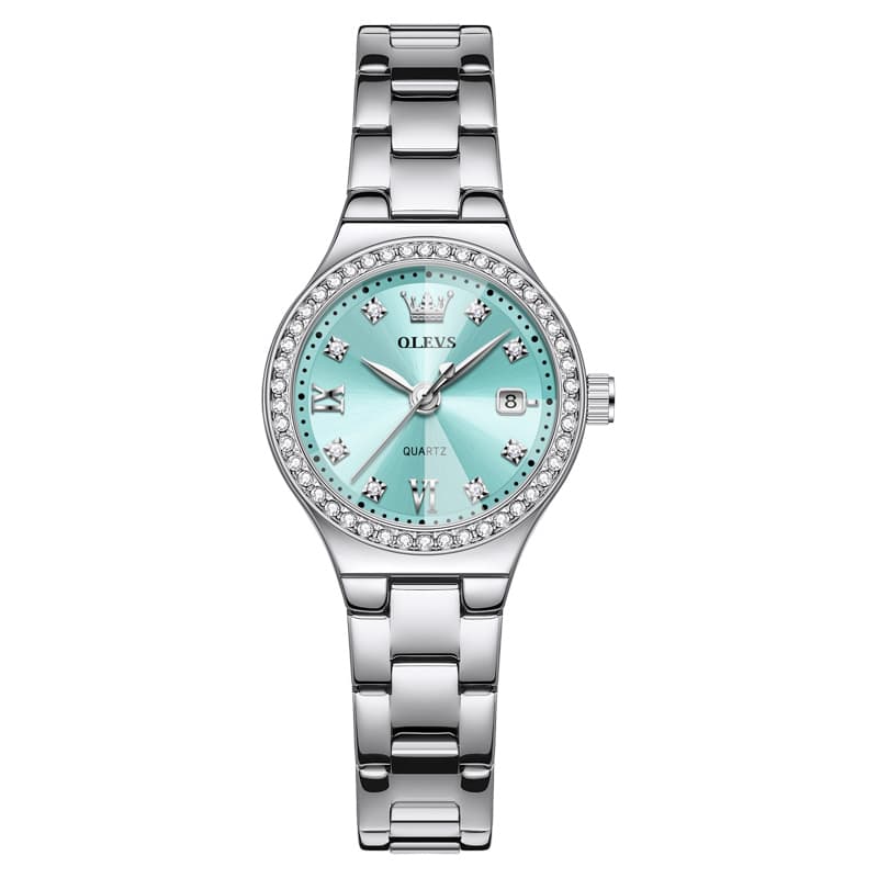 OLEVS Women Diamond Bezel Watch Petite Pastel Sunray Silver Stainless Steel Date Quartz 5628 - Olevs Watch Store